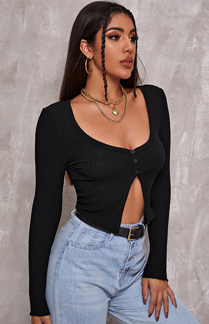 Button Crop Long Sleeves Top