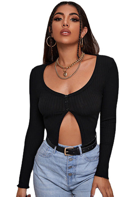 Button Crop Long Sleeves Top