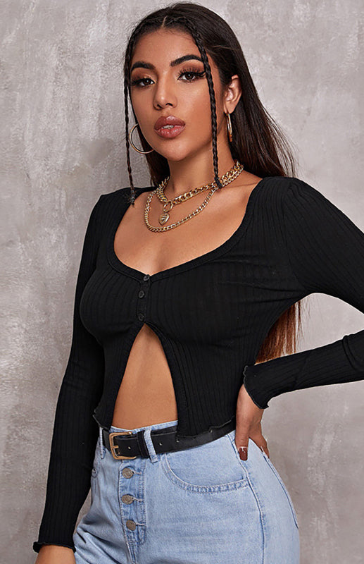 Button Crop Long Sleeves Top