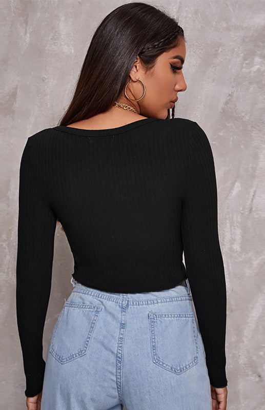 Button Crop Long Sleeves Top