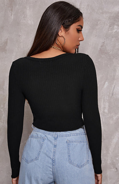 Button Crop Long Sleeves Top
