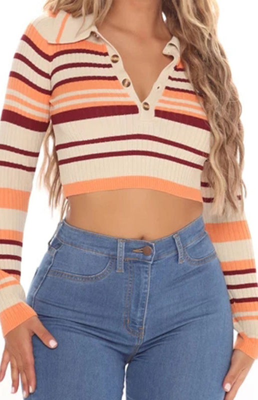 Polo-Collar Striped Top