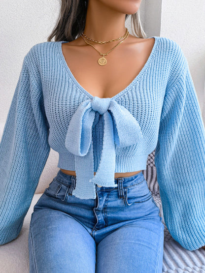 Bow V-Neck Lantern Sleeves Crop Sweater
