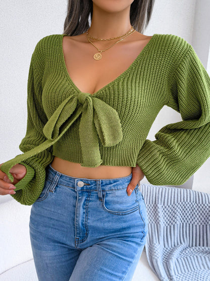 Bow V-Neck Lantern Sleeves Crop Sweater