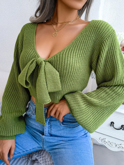 Bow V-Neck Lantern Sleeves Crop Sweater