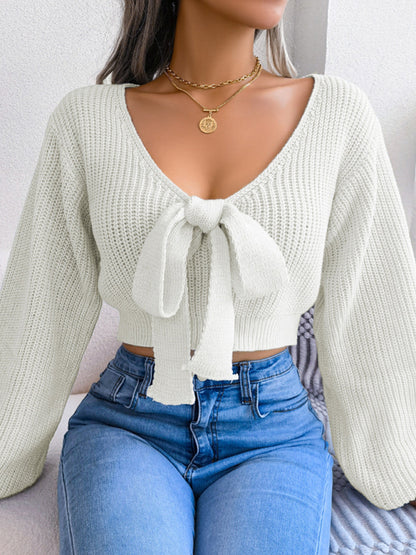 Bow V-Neck Lantern Sleeves Crop Sweater