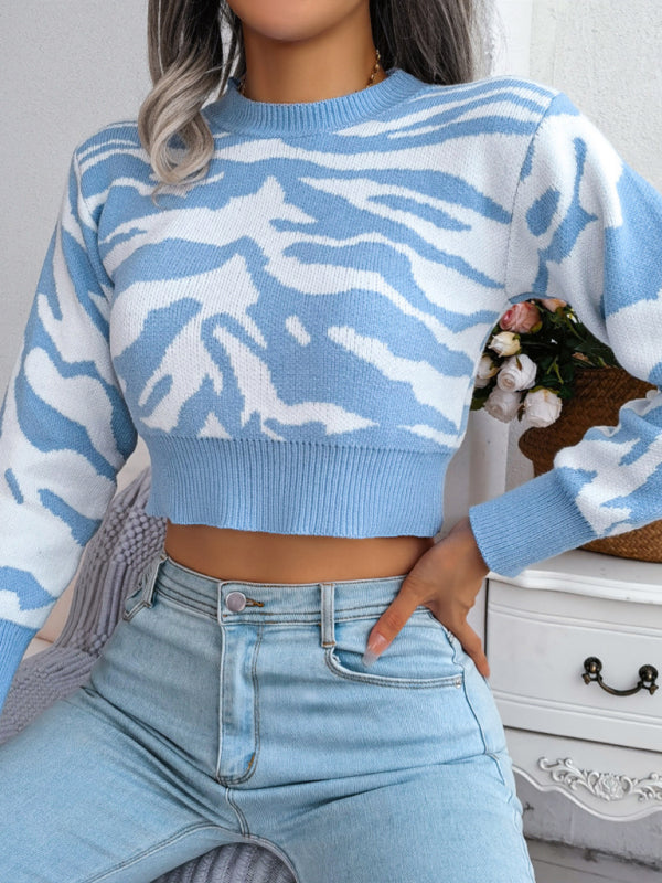 Tiger Print Long Sleeves Crop Knit Sweater