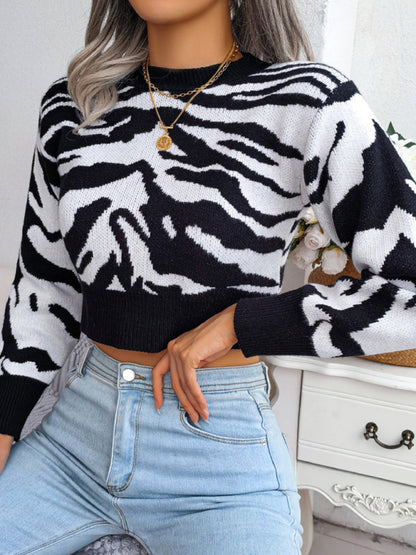 Tiger Print Long Sleeves Crop Knit Sweater