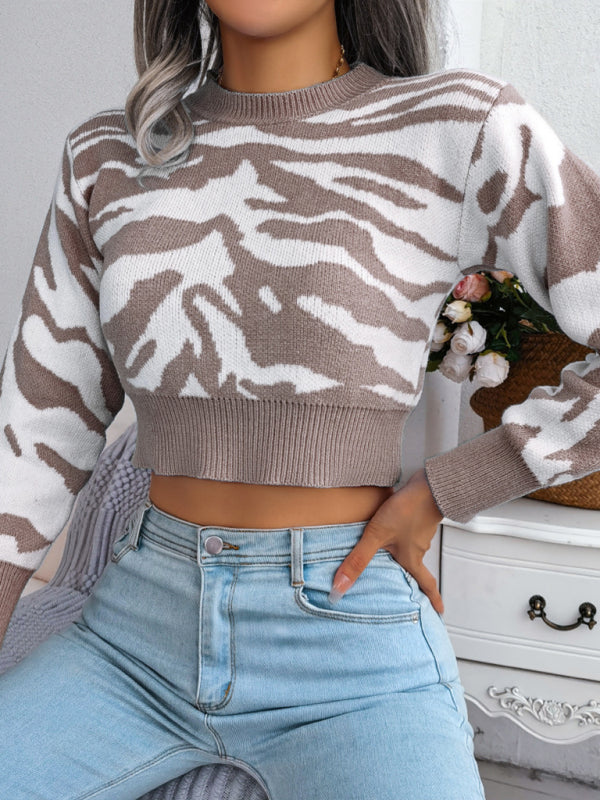 Tiger Print Long Sleeves Crop Knit Sweater