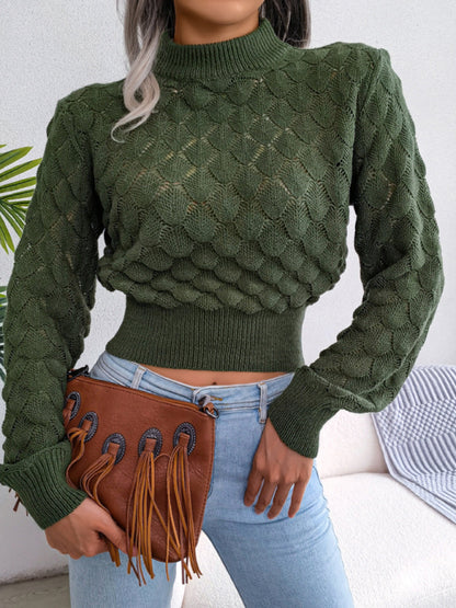 Diamond Crop Knit Cut-Out Long Sleeves Sweater
