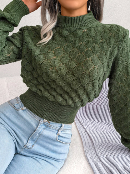 Diamond Crop Knit Cut-Out Long Sleeves Sweater
