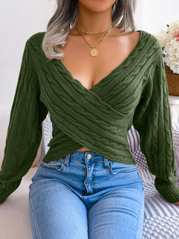 Cross V-Neck Twist Long Sleeves Crop Sweater