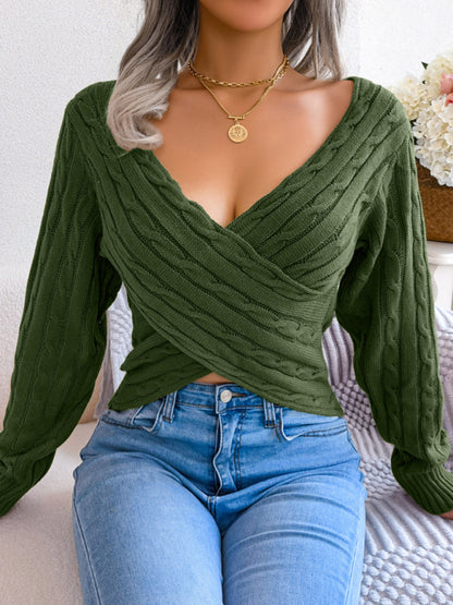 Cross V-Neck Twist Long Sleeves Crop Sweater