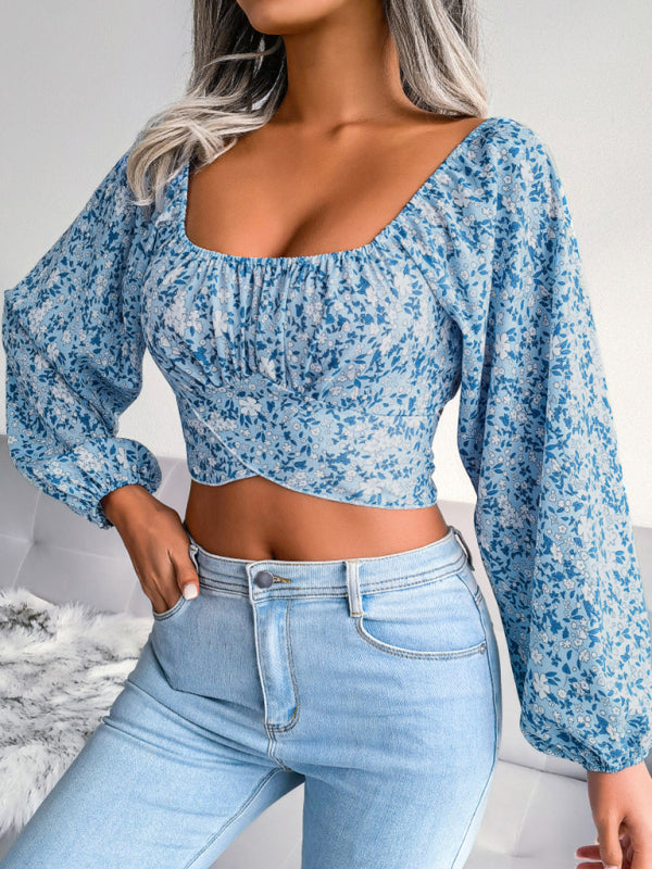 Lantern Sleeves Bowknot Floral Chiffon Crop-Top