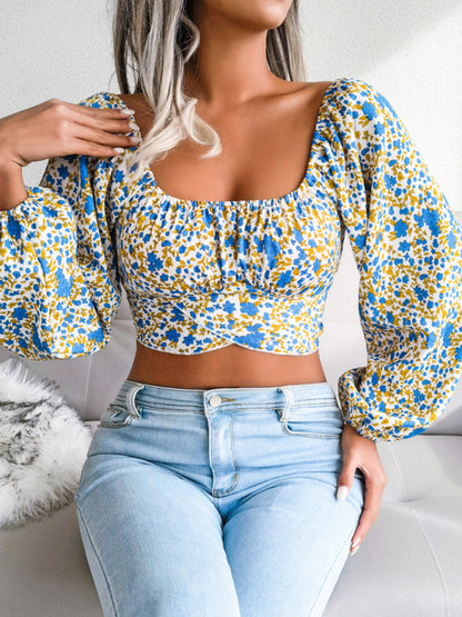 Lantern Sleeves Bowknot Floral Chiffon Crop-Top