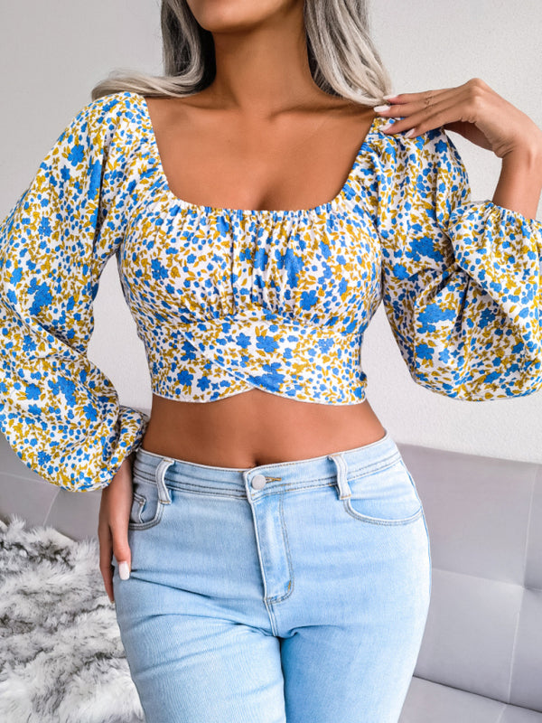 Lantern Sleeves Bowknot Floral Chiffon Crop-Top