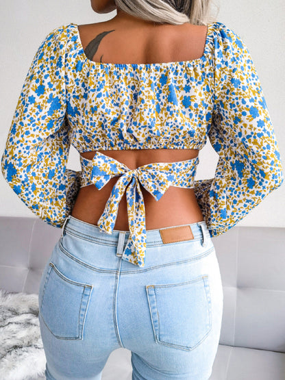 Lantern Sleeves Bowknot Floral Chiffon Crop-Top