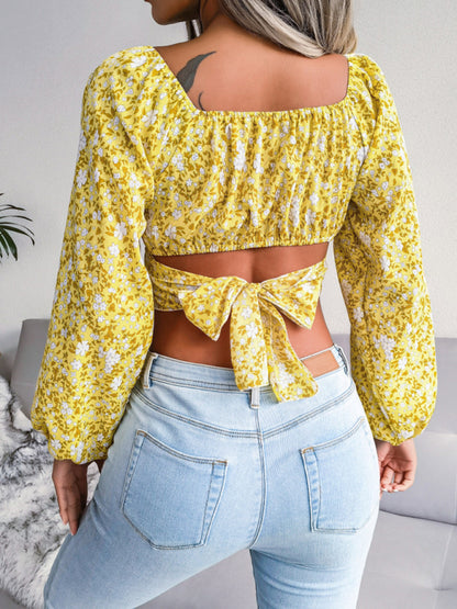 Lantern Sleeves Bowknot Floral Chiffon Crop-Top
