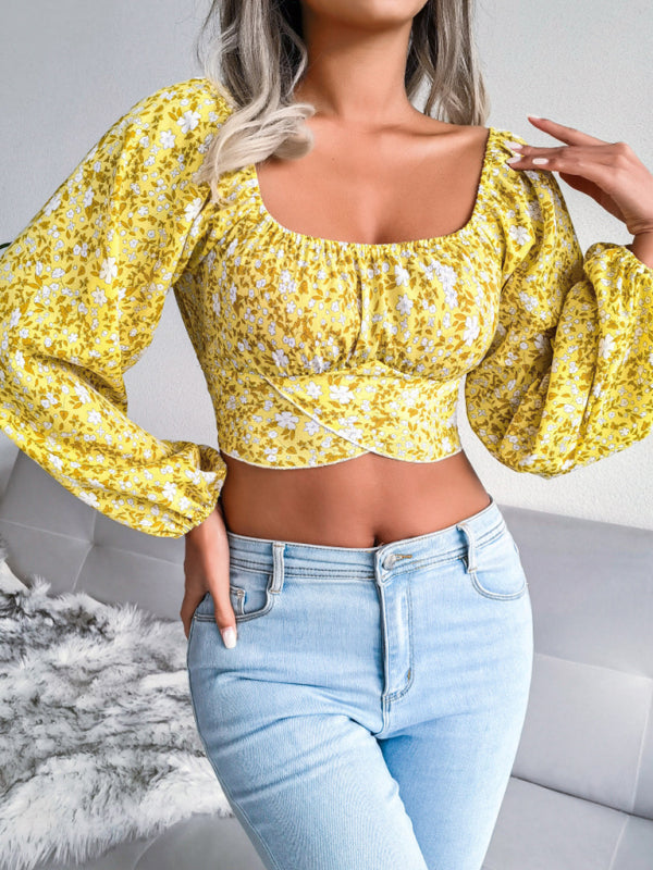 Lantern Sleeves Bowknot Floral Chiffon Crop-Top