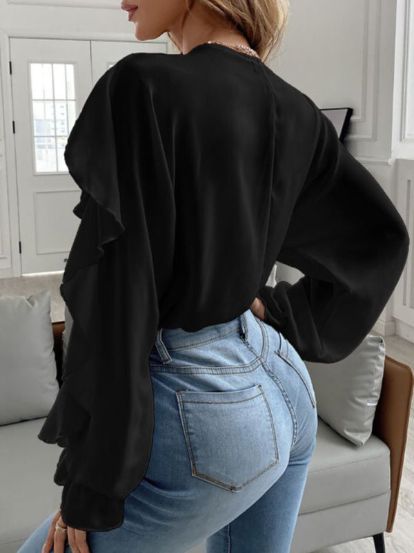 V-Neck Ruffle Top Long Sleeves - Blouse