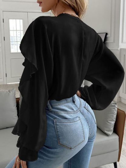 V-Neck Ruffle Top Long Sleeves - Blouse