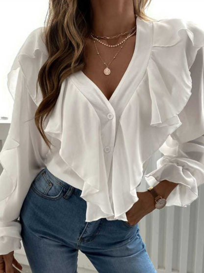 V-Neck Ruffle Top Long Sleeves - Blouse