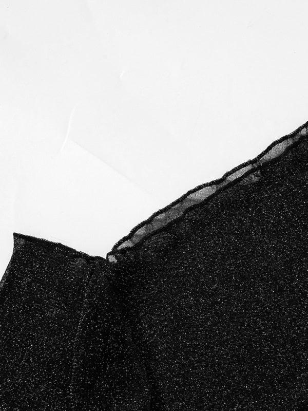 Oblique Shoulder Long-Sleeves Mesh Crop-Top