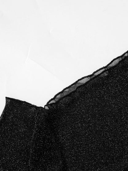 Oblique Shoulder Long-Sleeves Mesh Crop-Top