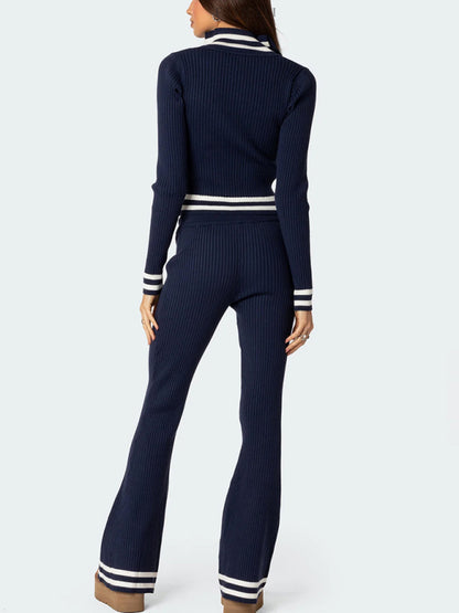 Zipper Crop-Top High-Waist Wide Leg Pants Two-Piece Set