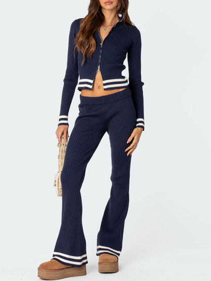 Zipper Crop-Top High-Waist Wide Leg Pants Two-Piece Set